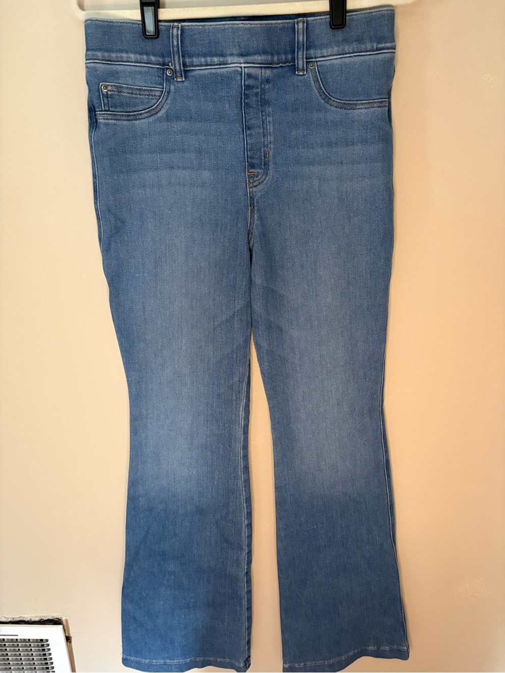Spanx Flare Jeans Large Blue High Rise Pull On Stretch Denim Tummy Control